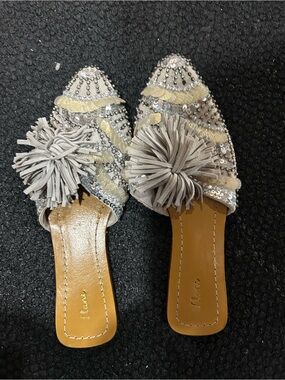 Sequin Pom-Pom Slide Mules
